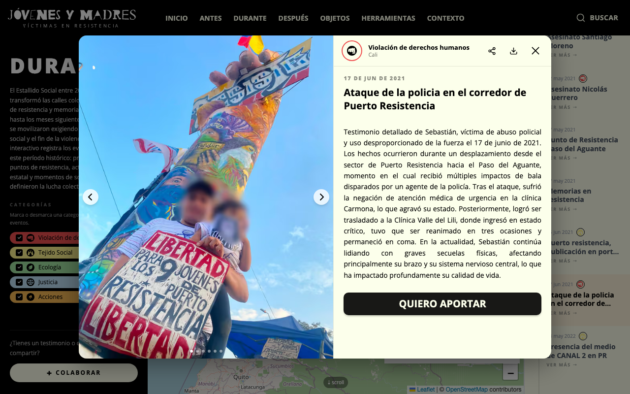 Vista de un evento con foto, testimonio y fuentes